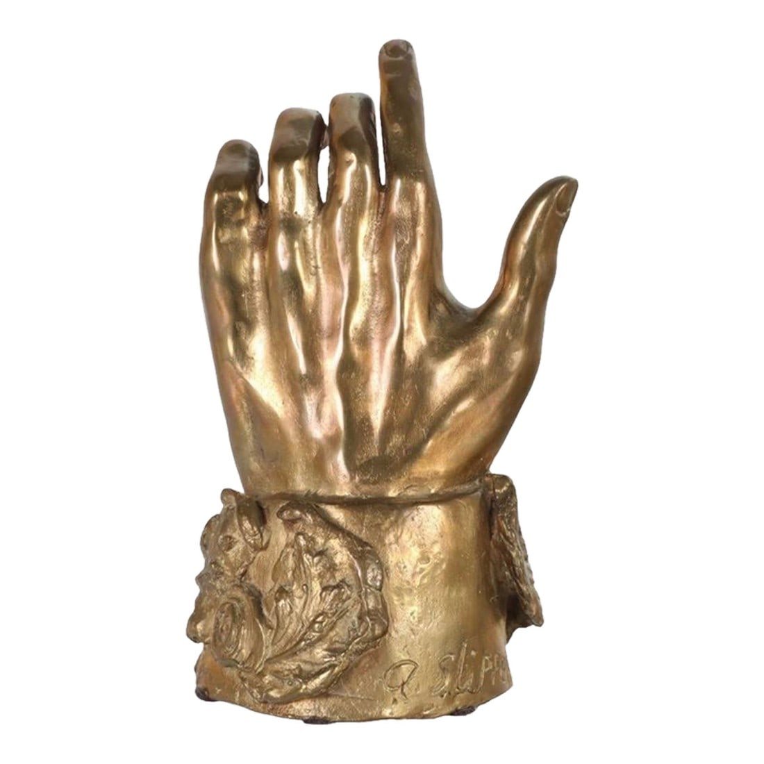Abstract Bronze Sculpture of Hand: Anne Marie Slipper (Canadian, 1932-2018). A bronze statue. An abstract work modeled as a hand with curled fingers and outstretched index finger. Hand surrounded with floral cuff at base. Signed on