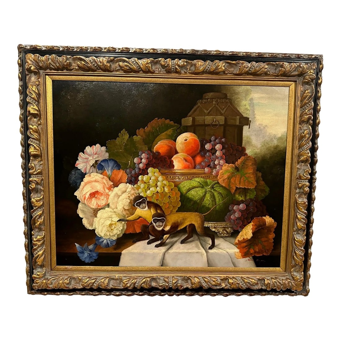 Realist Still Life of Fruit & Monkeys: Impressive large realistic still life with fruit and adorable pair of monkeys. Signed by artist Steve Rodgers 38" W x 32" H x 3" D Canvas 24" H x 30" W Condition: Alterations: Original Condition