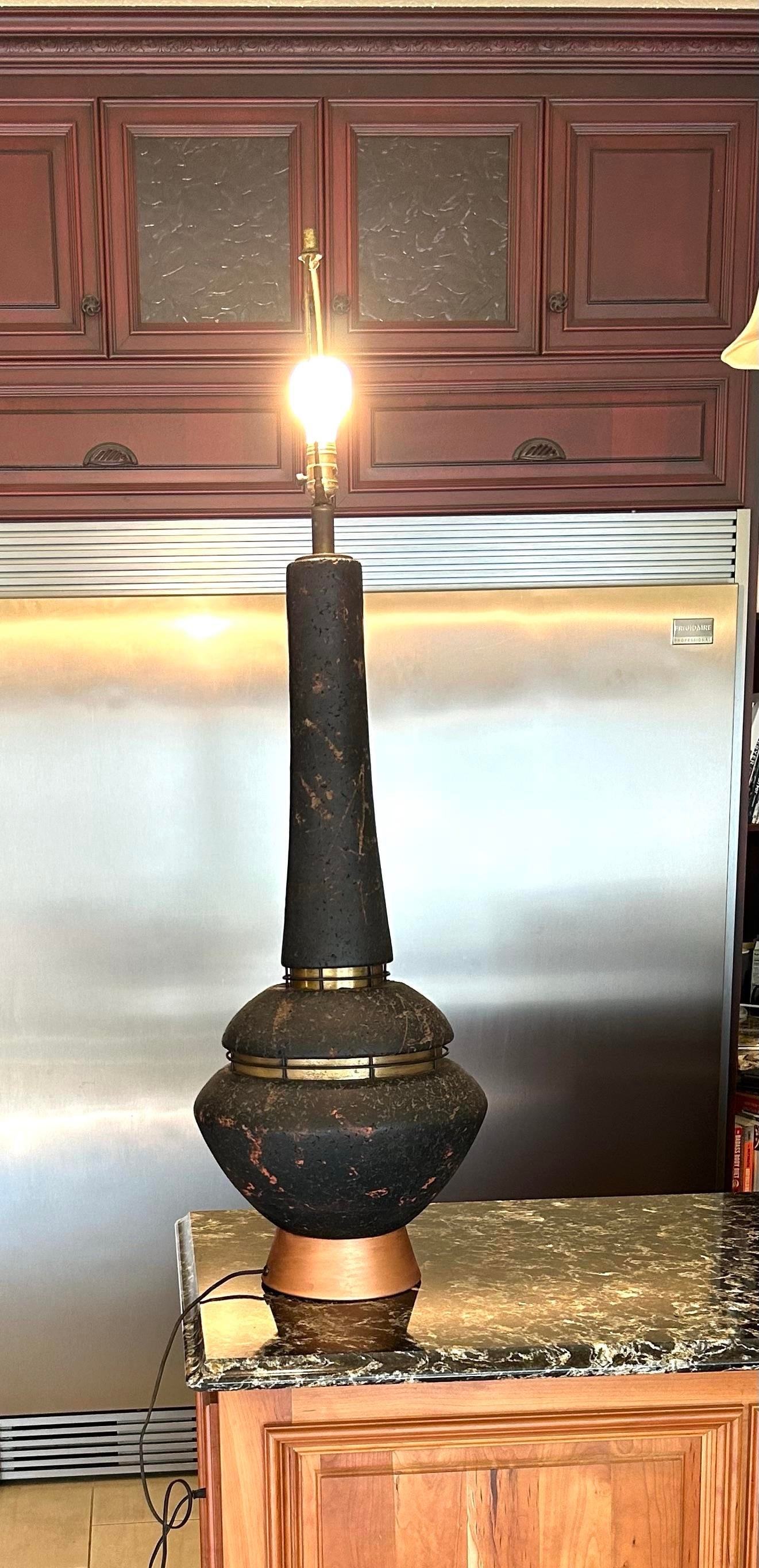 Mid-Century Modern Black Cork Lamp With Brass and Copper-Colored Metals, 1960's - 2