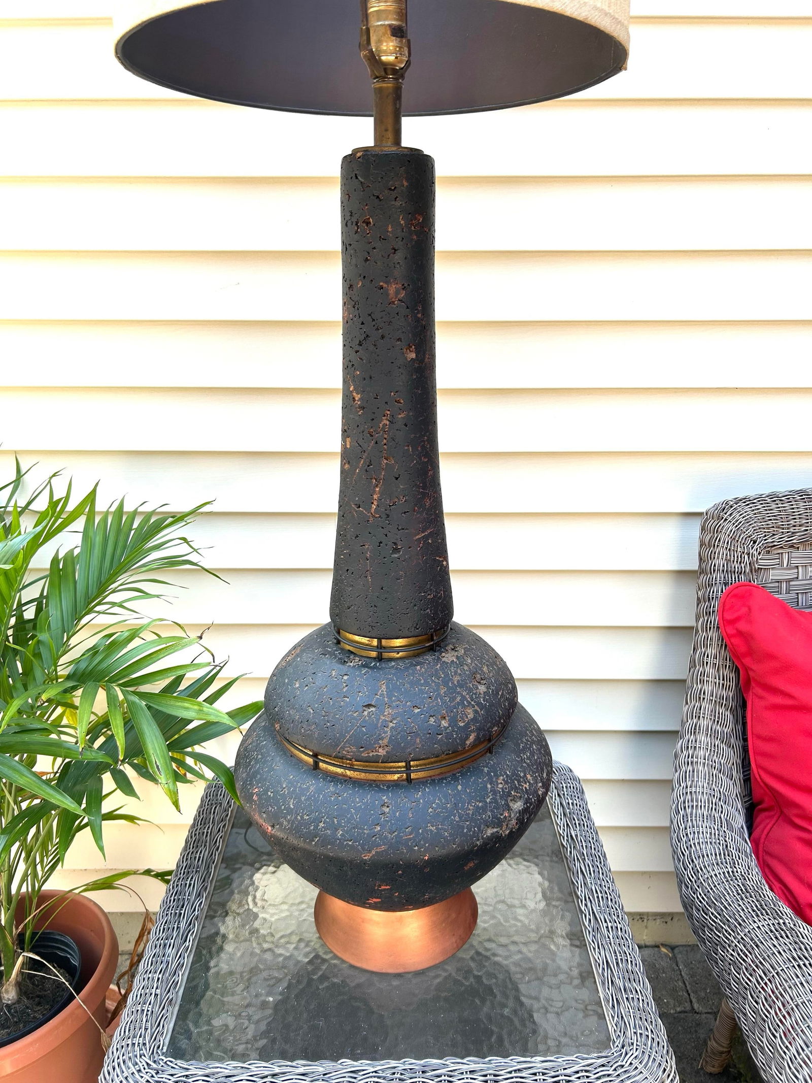 Mid-Century Modern Black Cork Lamp With Brass and Copper-Colored Metals, 1960's - 8