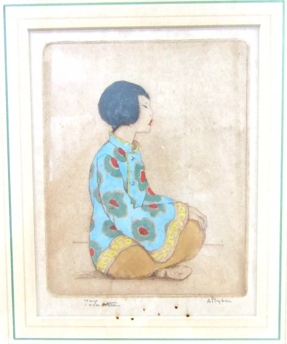 Dorsey Potter Tyson American 1891-1969 Color Etching Chinese Girl Pencil Signed, Framed - 2