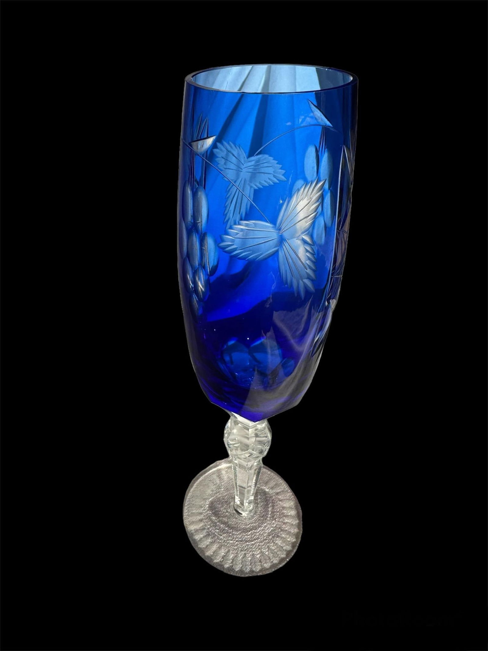 1980s Bohemian Cobalt Blue Cut to Clear Crystal Champagne Flute - 10