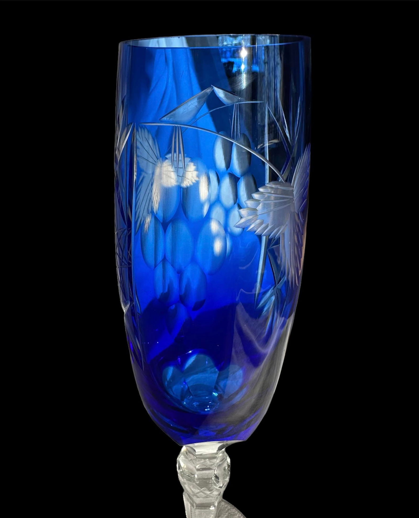 1980s Bohemian Cobalt Blue Cut to Clear Crystal Champagne Flute - 11