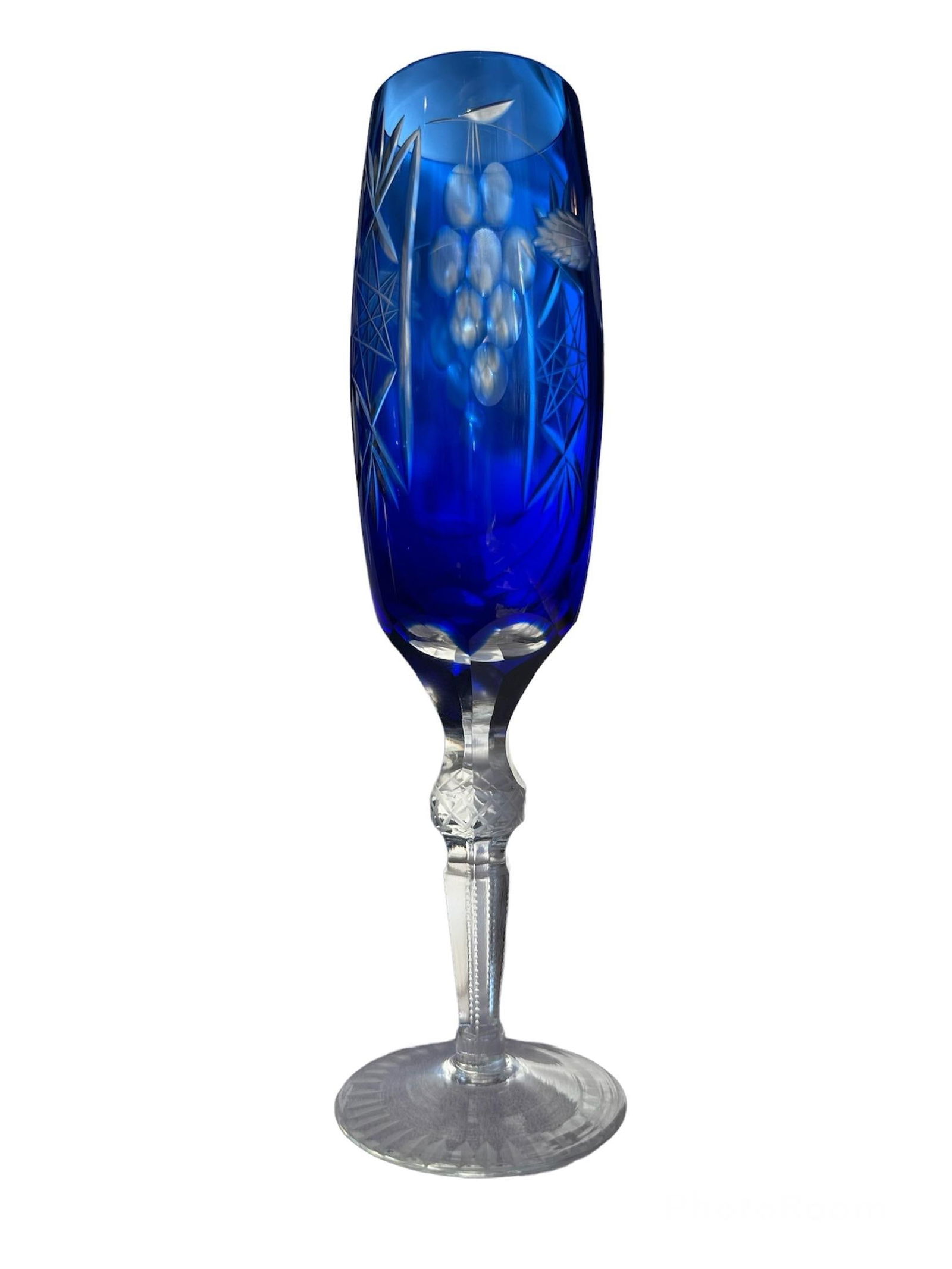 1980s Bohemian Cobalt Blue Cut to Clear Crystal Champagne Flute - 12