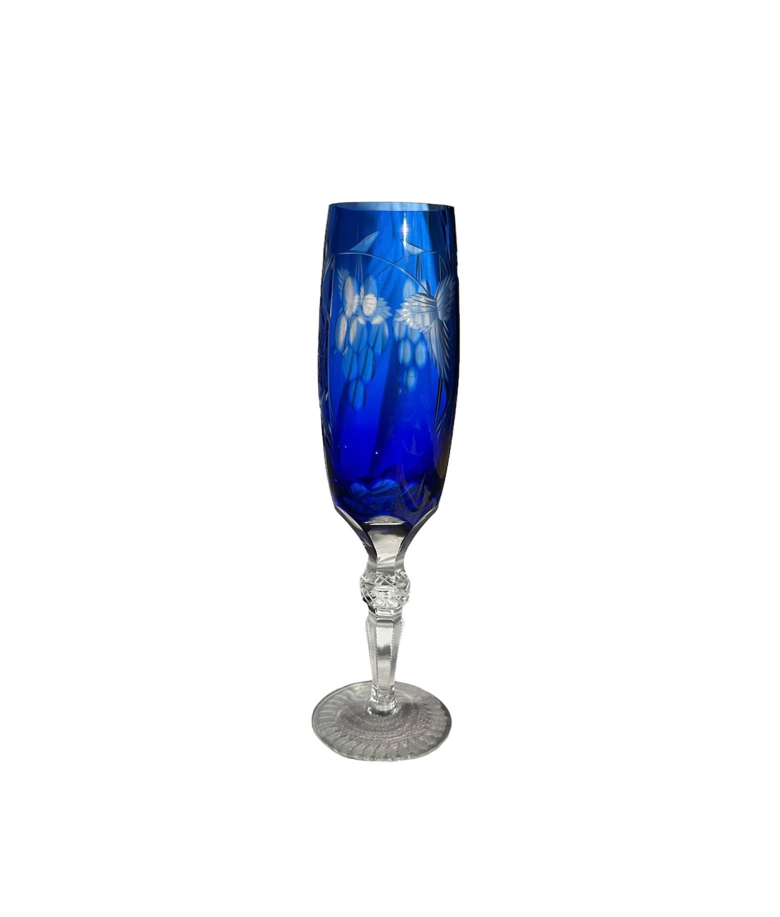 1980s Bohemian Cobalt Blue Cut to Clear Crystal Champagne Flute - 3