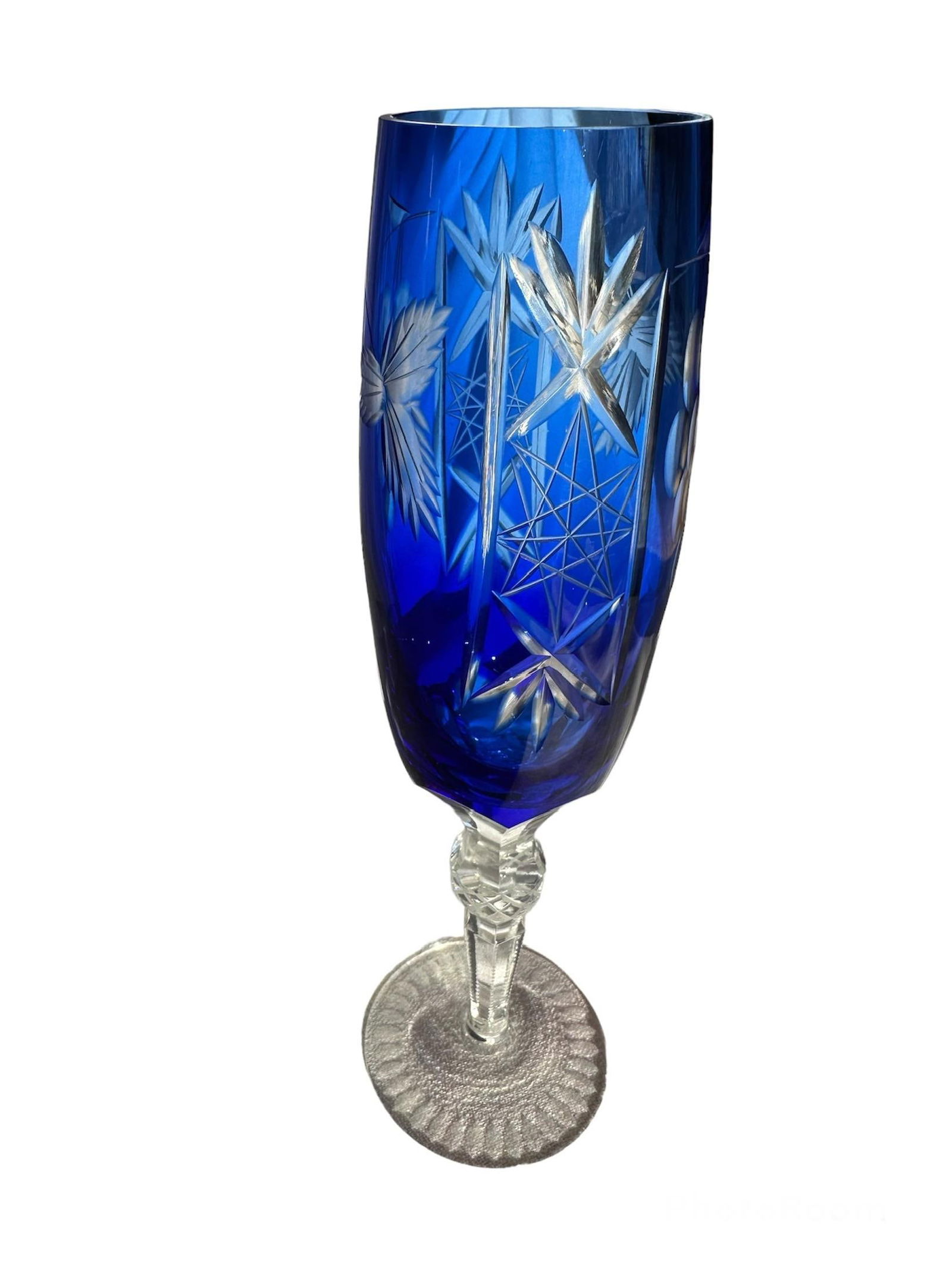 1980s Bohemian Cobalt Blue Cut to Clear Crystal Champagne Flute - 5