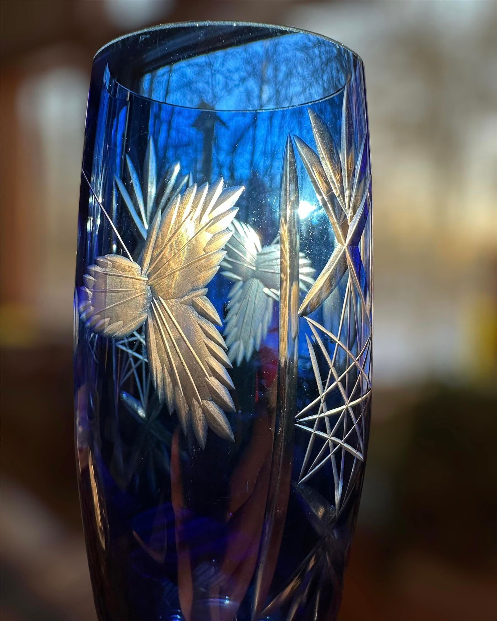 1980s Bohemian Cobalt Blue Cut to Clear Crystal Champagne Flute - 7