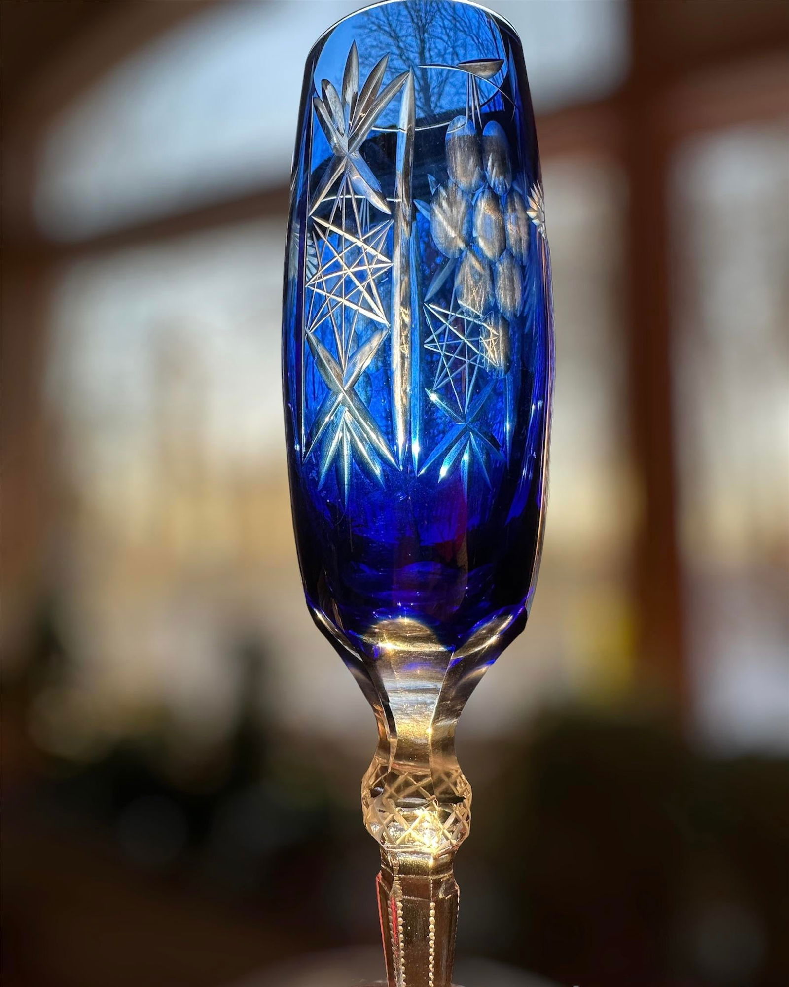 1980s Bohemian Cobalt Blue Cut to Clear Crystal Champagne Flute - 9