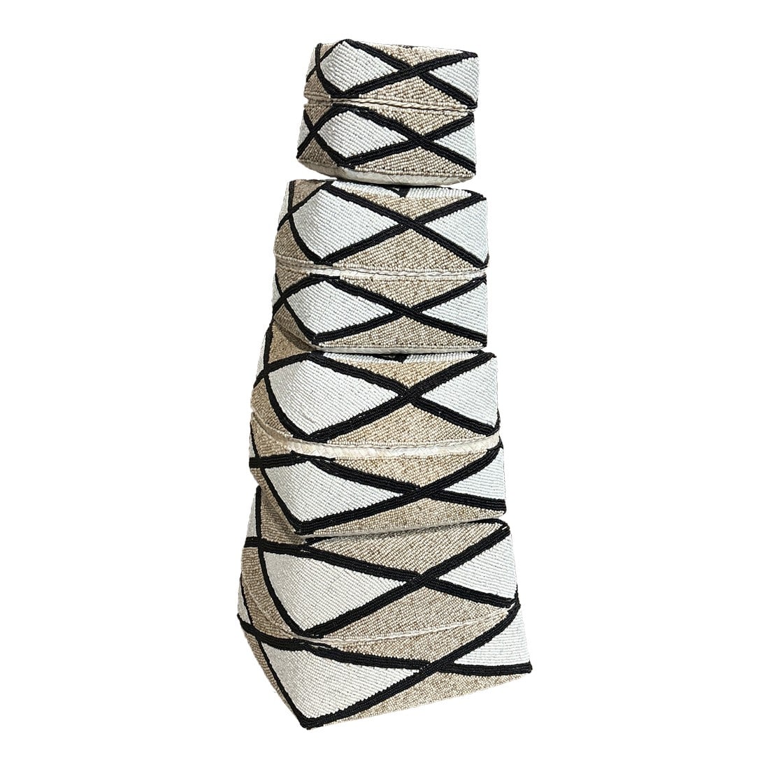 Mid 20th Century Set of 4 Nesting Hand-Beaded Baskets: A set of four nesting baskets from the late 20th century, Thailand. These four nesting boxes are absolutely stunning with their vibrant geometric patterns of white, tan, and black. Panels of beads tha