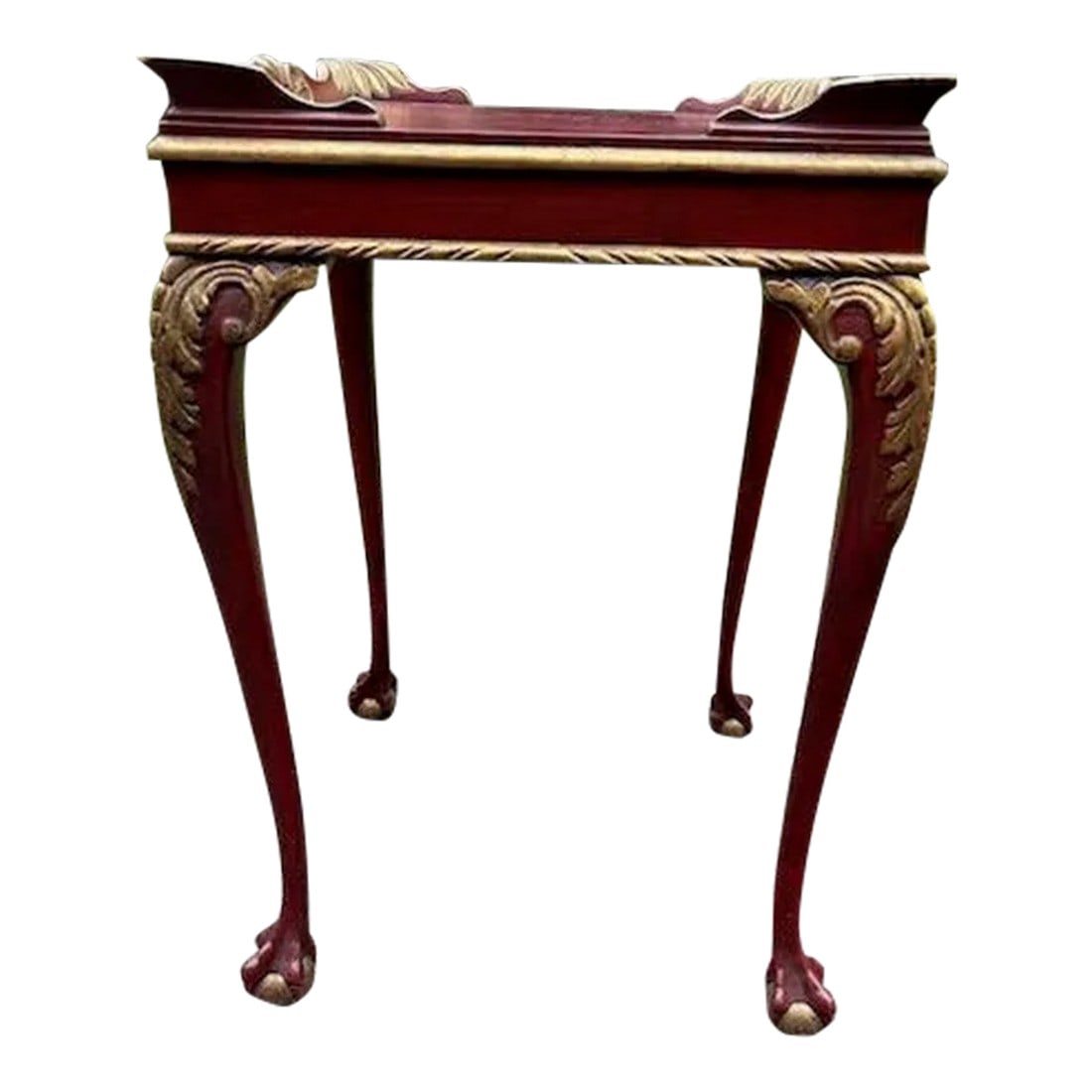 1940s Reproduction 19th Century French Side/End Table Red Lacquer Gold: Lovely Reproduction piece purchased at Winterthur Antiques Show Louis 15th style red and gold painted occasional/end/side/table Cabriole leg Painted ball and claw feet 17.5 x 17.5 by 28" Very good