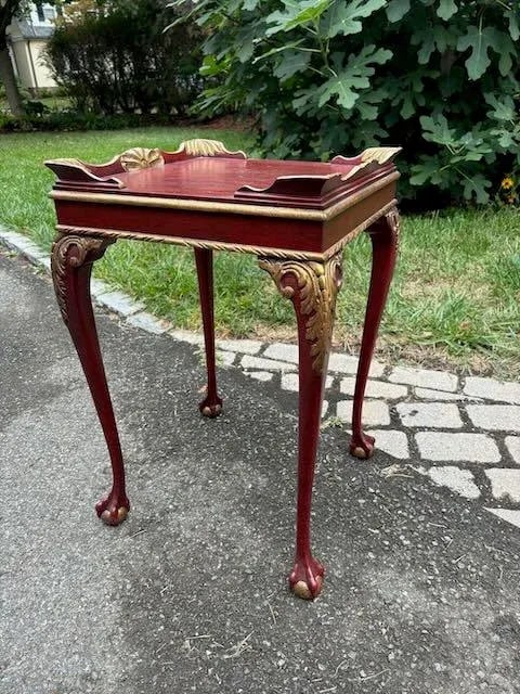 1940s Reproduction 19th Century French Side/End Table Red Lacquer Gold - 2