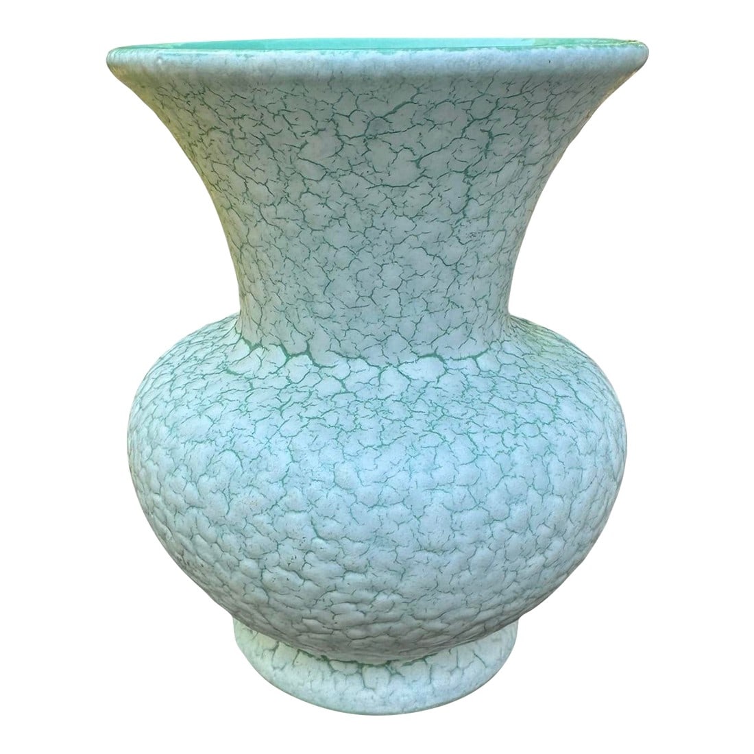 1950's Germany Cortina Craquelure Green Vase: Cortina Glaze Vase A mint green base with an overlay of mottled foamy white glaze - like snow melting. Gloss green interior. West Germany Pottery by Jasba 1950-60's A statement of mid-20th century mod