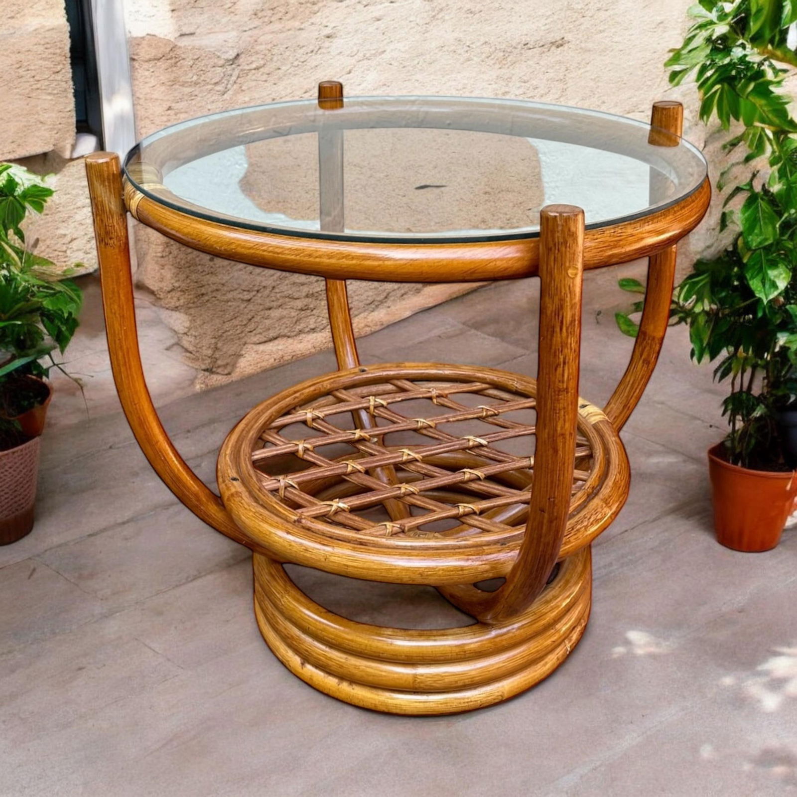 Bent Bamboo Cane Round Side Table With Glass Top - 12