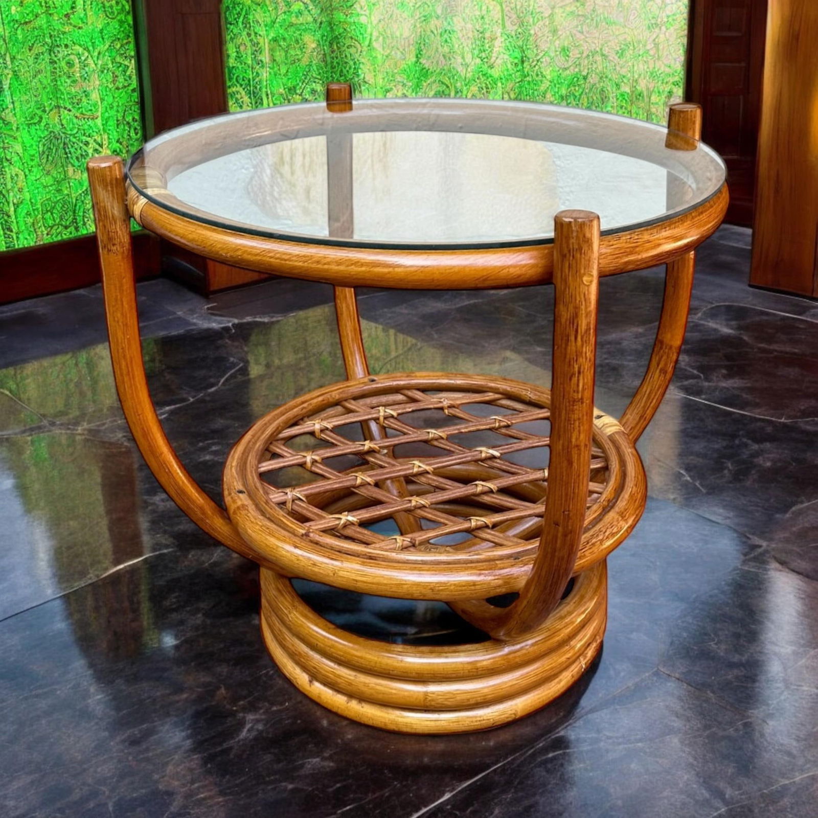 Bent Bamboo Cane Round Side Table With Glass Top - 2