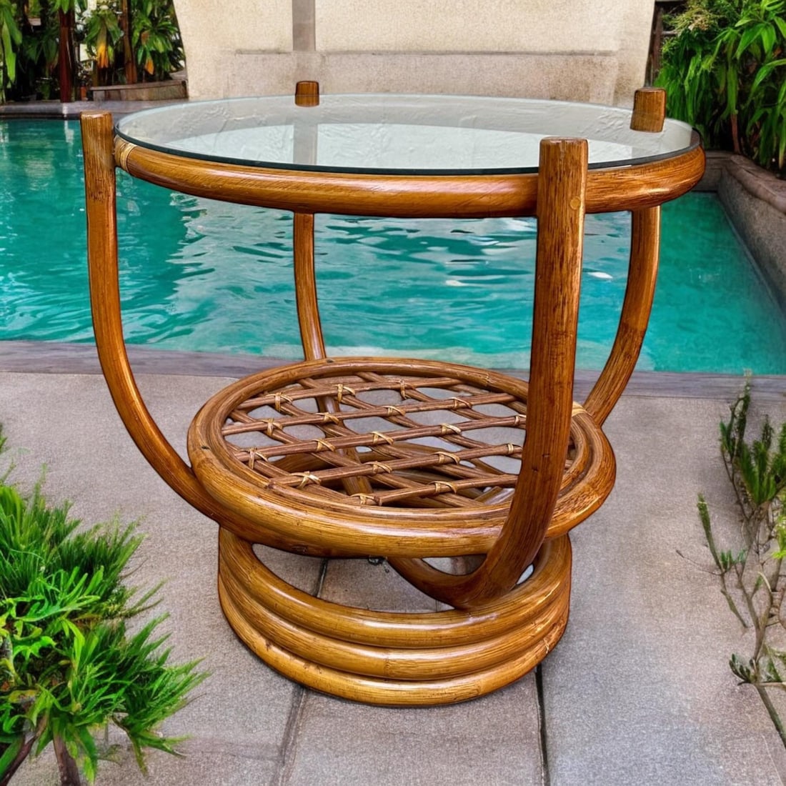 Bent Bamboo Cane Round Side Table With Glass Top - 8