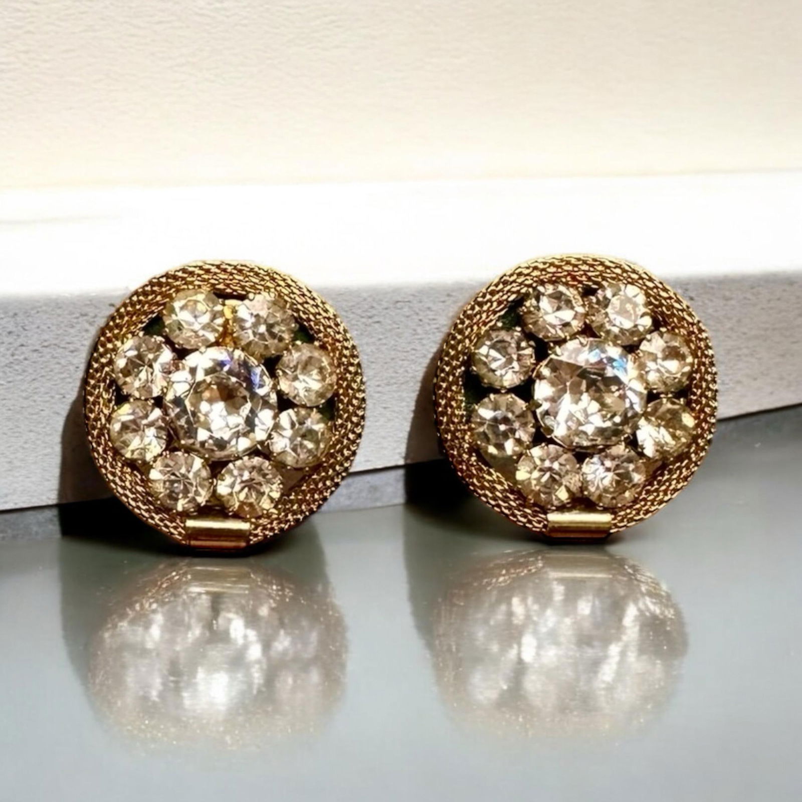 Vintage Weiss Gold Crystal Rhinestone Button Earrings Clip On - 2 Pieces - 3