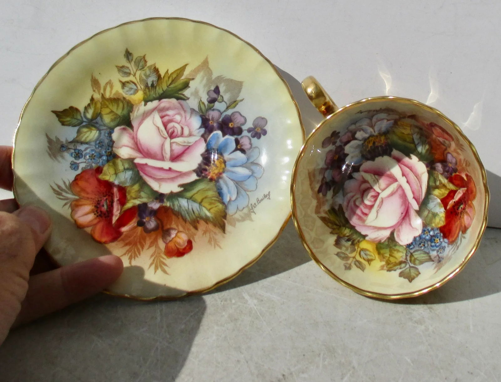 Gold Aynsley England Bone China Signed by J. A. Bailey Floral Cup and Saucer - 2