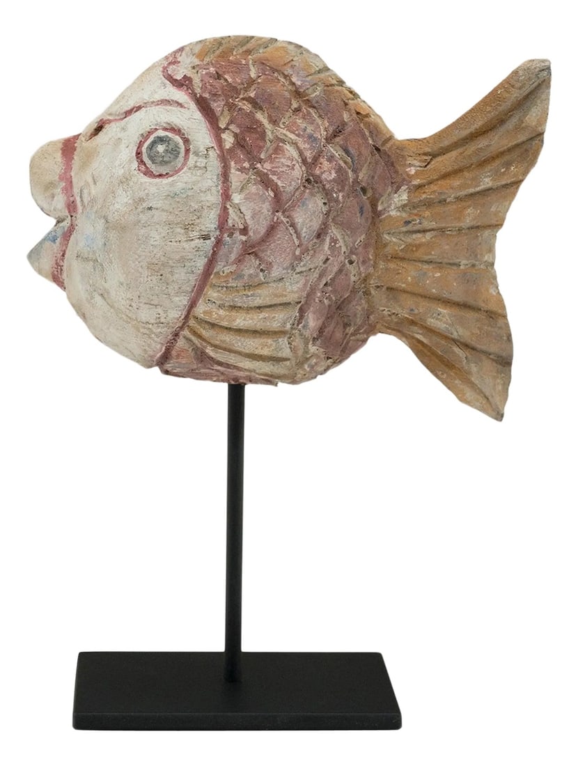 Chinese Polychrome Lucky Fish: Hand-carved from reclaimed wood, this rustic koi sculpture recreates early 20th-century Chinese folk art designs. The fish is carved with a squat, rounded body and finished with colorful pigments in