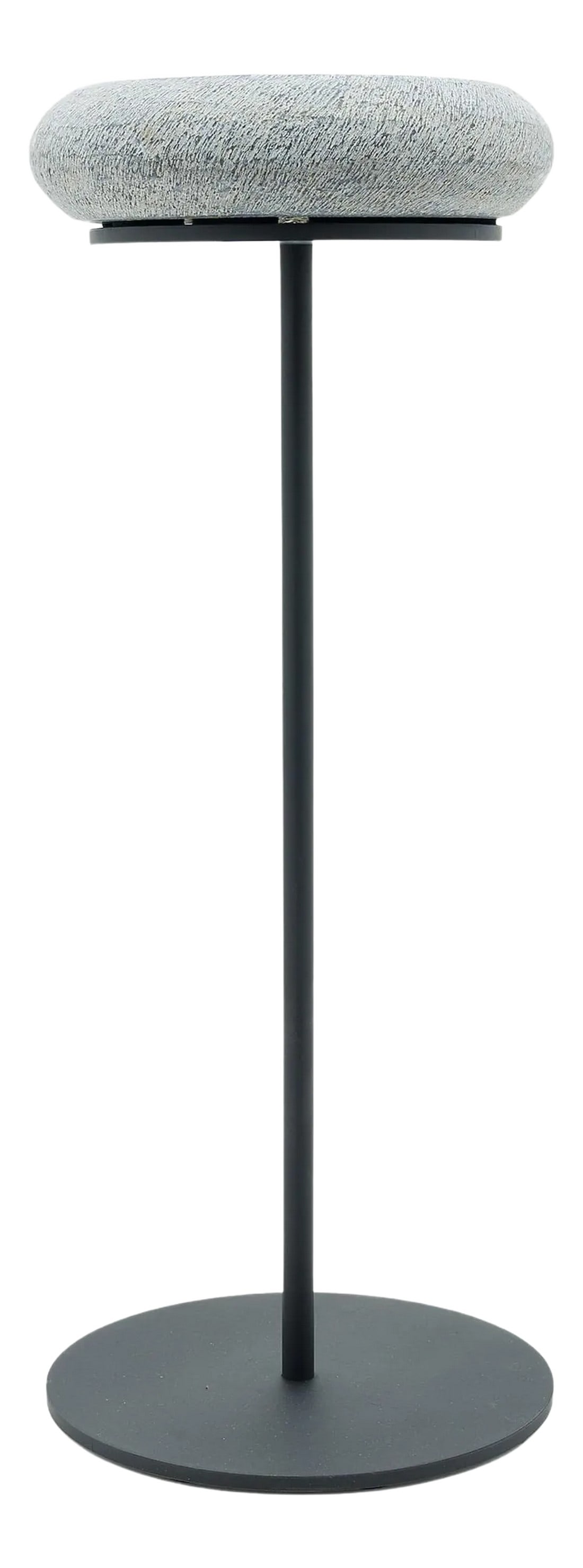 Petite Stone Drum Side Table: The stone top of this petite side table is carved of solid limestone into the form of a small hand-held drum. The stone drum has a simple, round form with curved sides and a textured surface. Placed