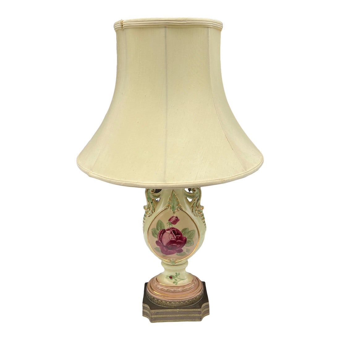 1970s Creamed Colored Ceramic Lamp With Rose Details: Up for consideration is a beautiful cream colored lamp with rose details. This would look lovely in your home and it is a great find for the interior design enthusiast. Please check out my other