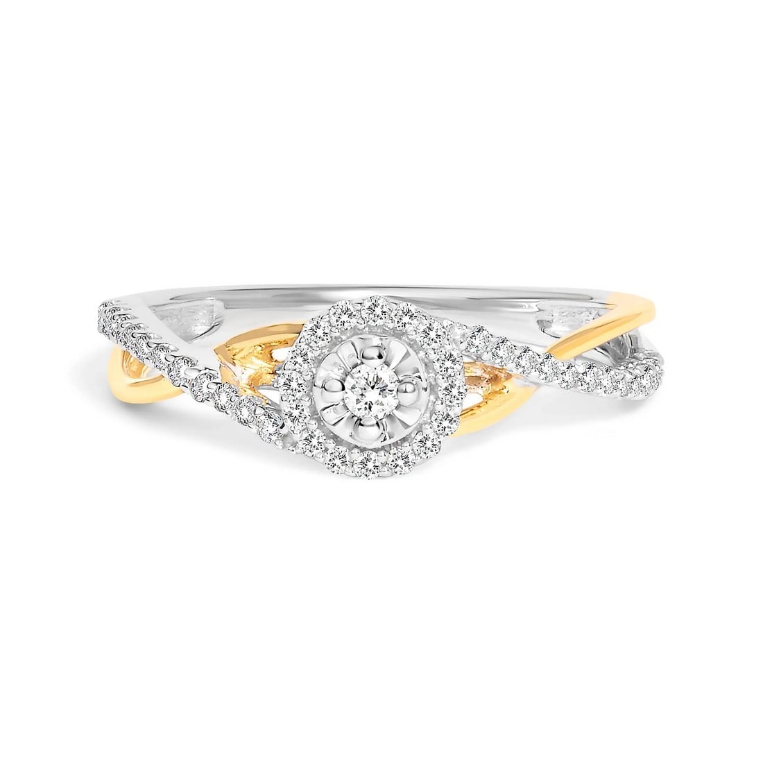 14K Yellow Gold Plated .925 Sterling Silver 1/4 Cttw Diamond Bypass and Halo Promise Ring (I-J Color: Draped in elegance and encased in modern romance, this mesmerizing promise ring features an exquisite blend of 14K yellow gold-plated .925 sterling silver, intertwined with glistening silver accents,