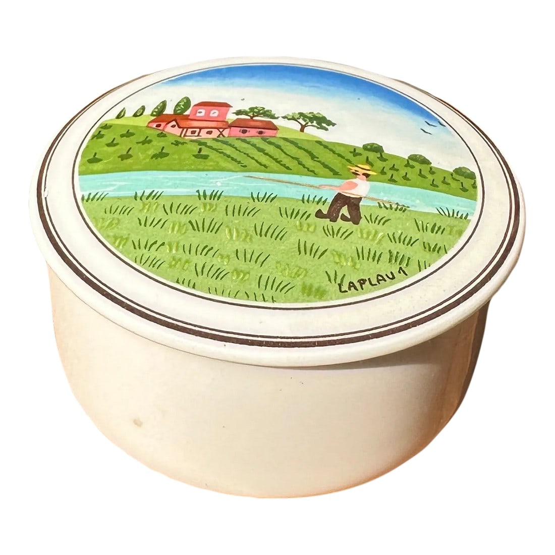 1970s Small Ceramic Farmer Painted Catchall From Luxembourg: Up for consideration is a beautiful small ceramic farmer painted catchall from Luxembourg. This would look lovely in your home and it is a great find for the interior design enthusiast. Please check o