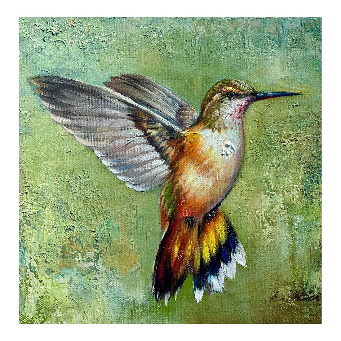 Contemporary Hummingbird, Original Oil on Canvas by L. Richard: Original oil on canvas by L. Ricard, circa 2023. Unstretched canvas. Dimensions: 10 x 8" Please note: If you purchase multiple items, we'll gladly combine shipping"”just send us a message.