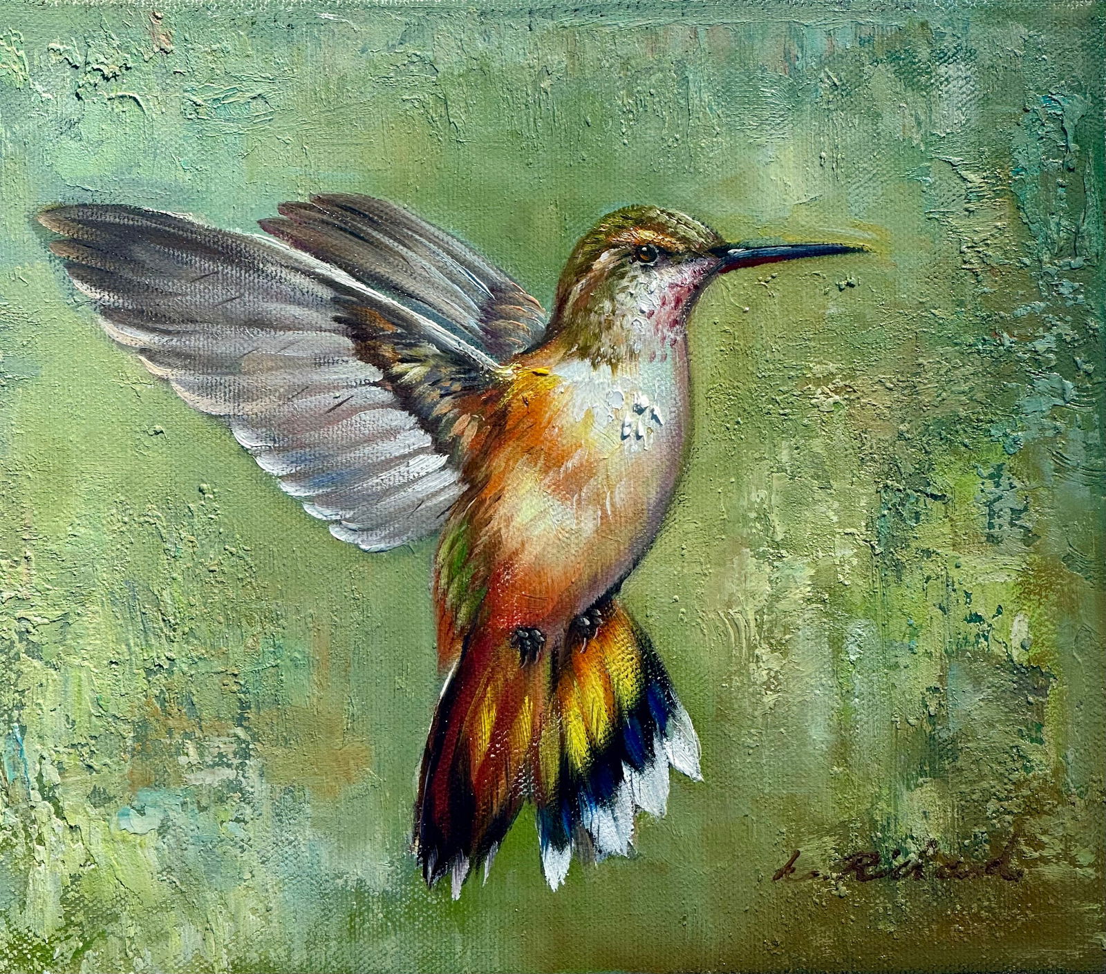 Contemporary Hummingbird, Original Oil on Canvas by L. Richard - 2