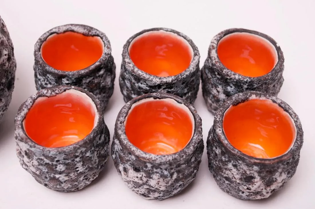 Vintage West German Fat Lava Ceramic Glaze Pitcher and Cup Set - 11