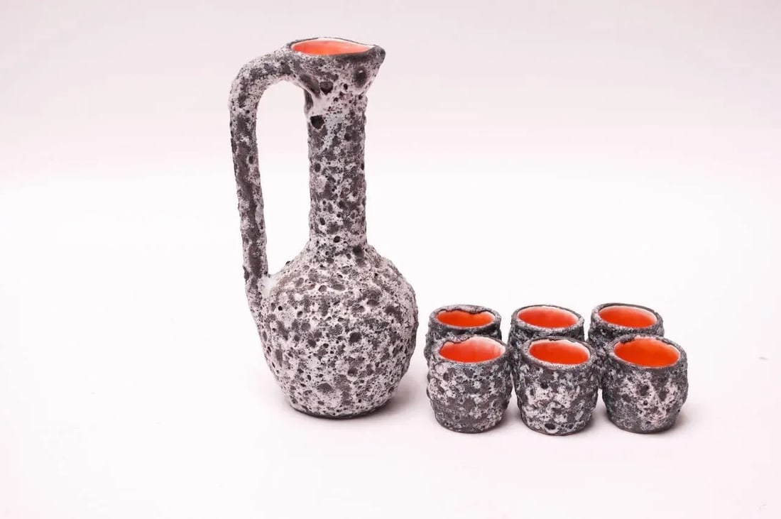 Vintage West German Fat Lava Ceramic Glaze Pitcher and Cup Set - 13