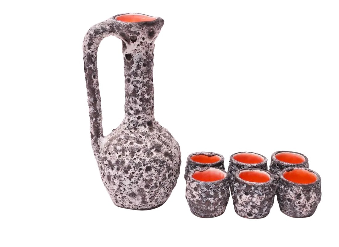 Vintage West German Fat Lava Ceramic Glaze Pitcher and Cup Set (1 of 13)