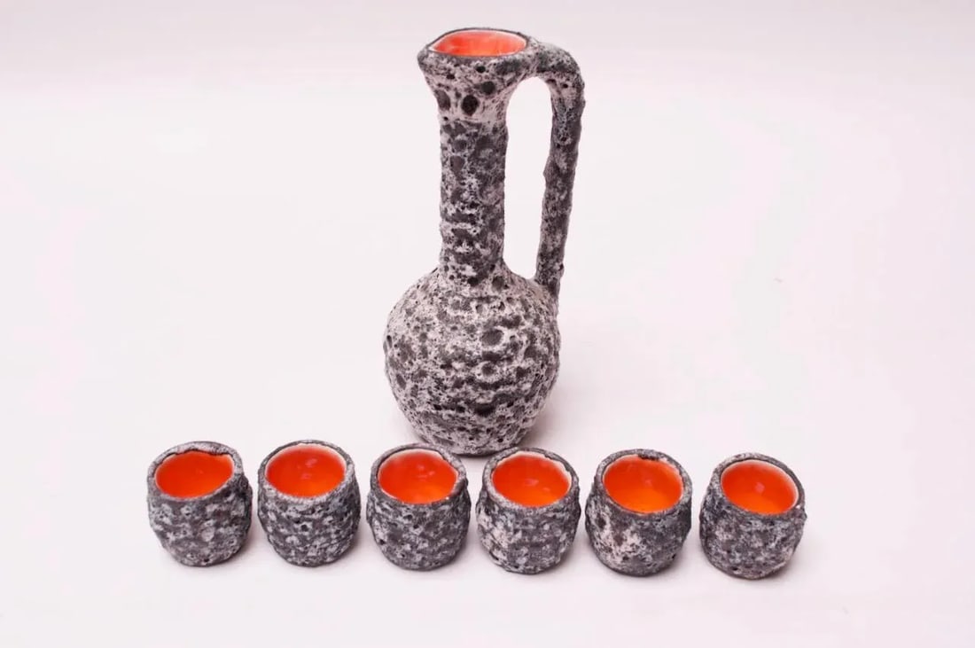 Vintage West German Fat Lava Ceramic Glaze Pitcher and Cup Set - 2