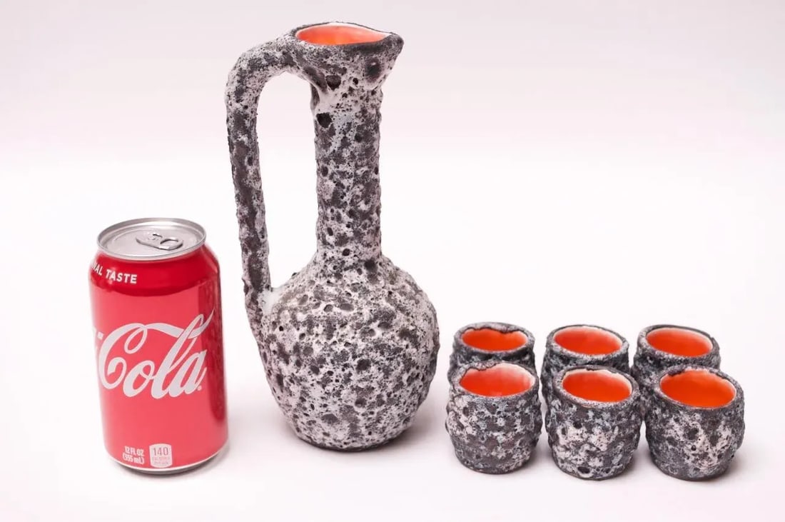 Vintage West German Fat Lava Ceramic Glaze Pitcher and Cup Set - 3