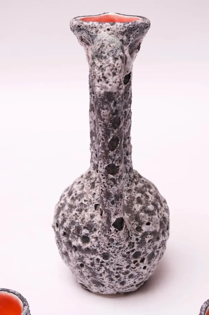 Vintage West German Fat Lava Ceramic Glaze Pitcher and Cup Set - 5