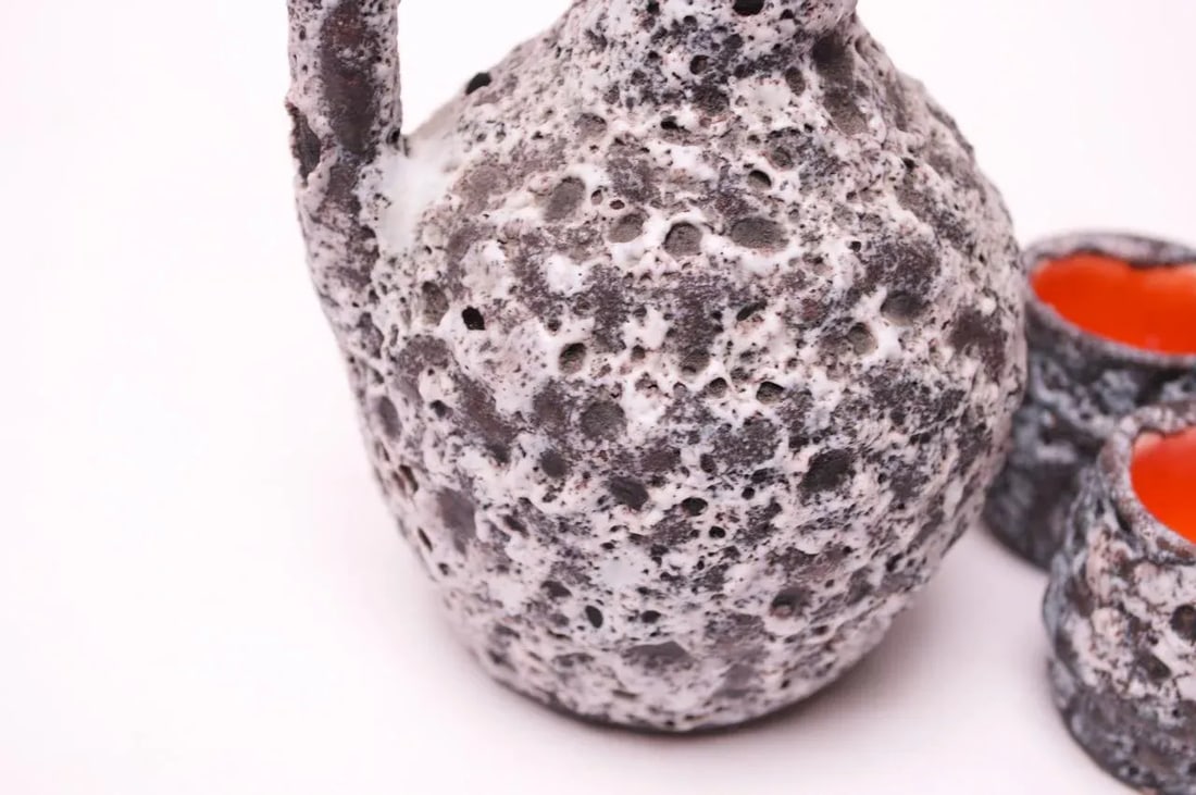 Vintage West German Fat Lava Ceramic Glaze Pitcher and Cup Set - 7