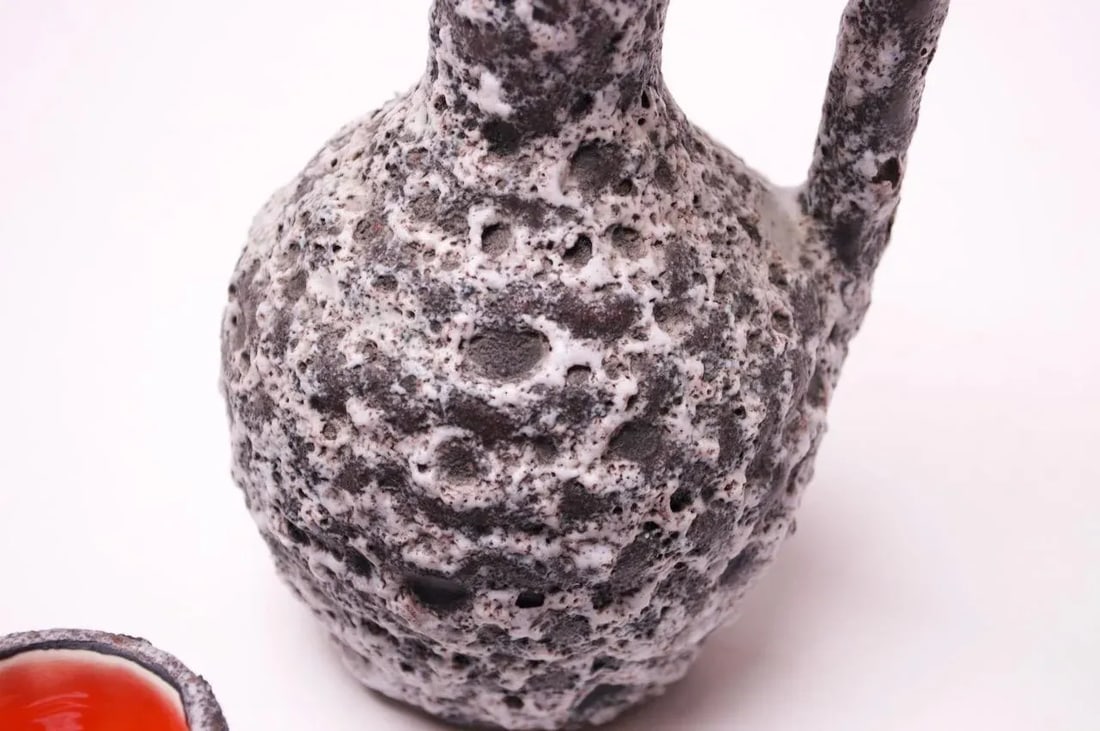 Vintage West German Fat Lava Ceramic Glaze Pitcher and Cup Set - 8