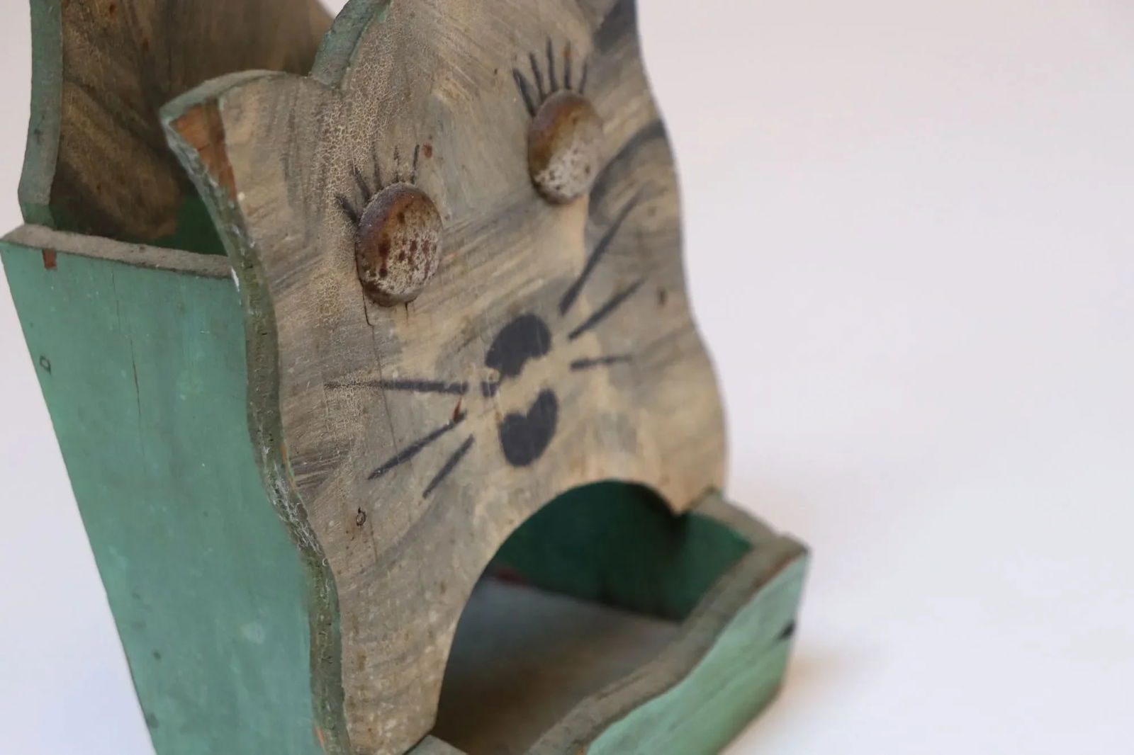 Vintage Folk Art Carved "Cat" Mint Green Matchbook Holder - 10