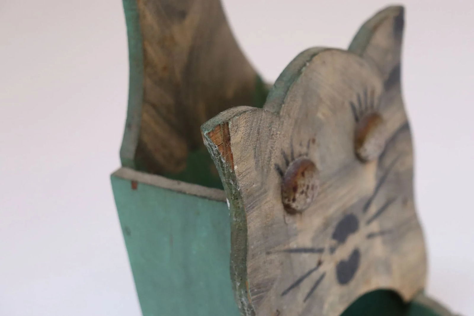 Vintage Folk Art Carved "Cat" Mint Green Matchbook Holder - 11