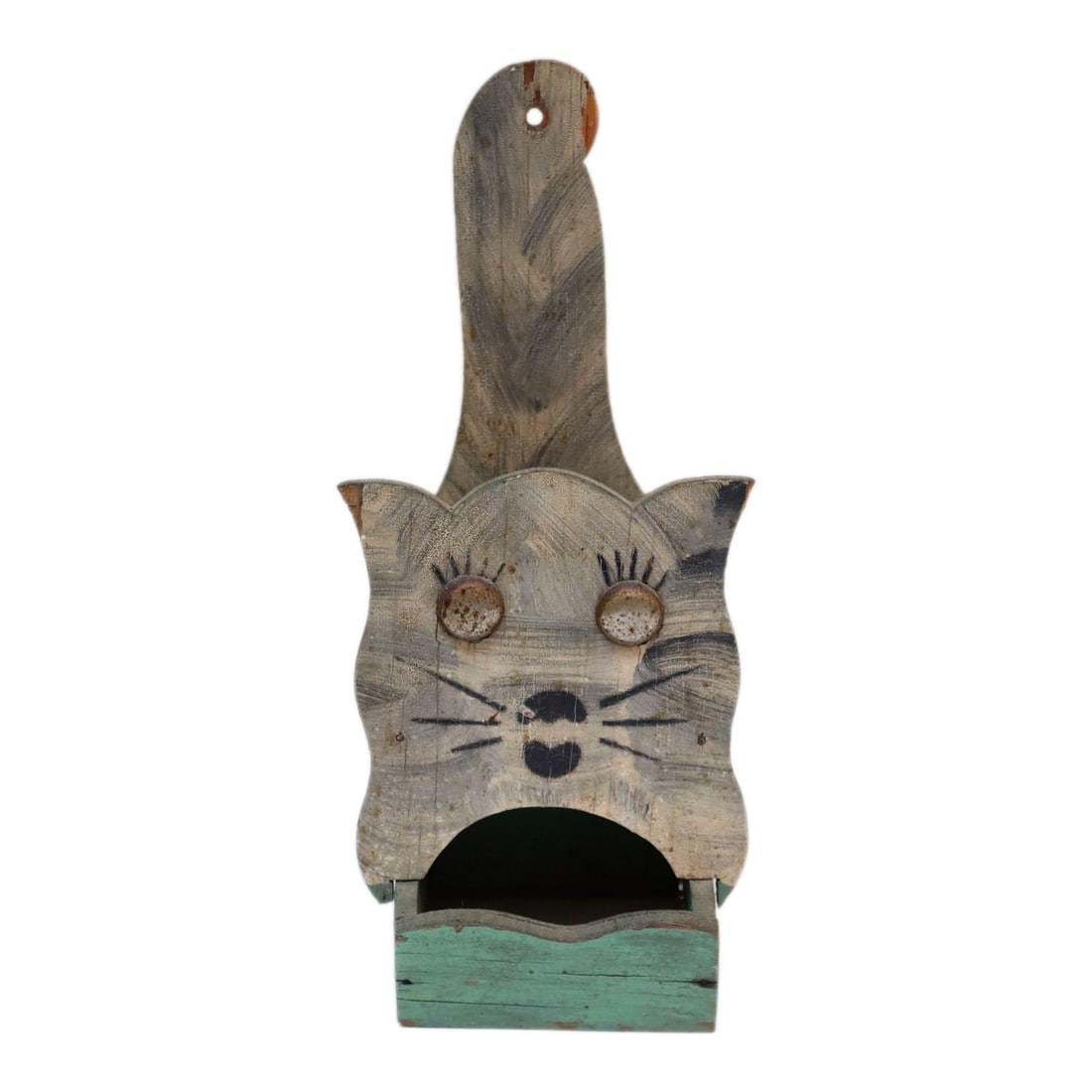 Vintage Folk Art Carved "Cat" Mint Green Matchbook Holder: Hand-carved Folk Art matchbook holder with attached metal eyes and original hand-painted details (ca. 1940s, USA). Primary box color is mint green (retains original paint). Equipped with a hole throug