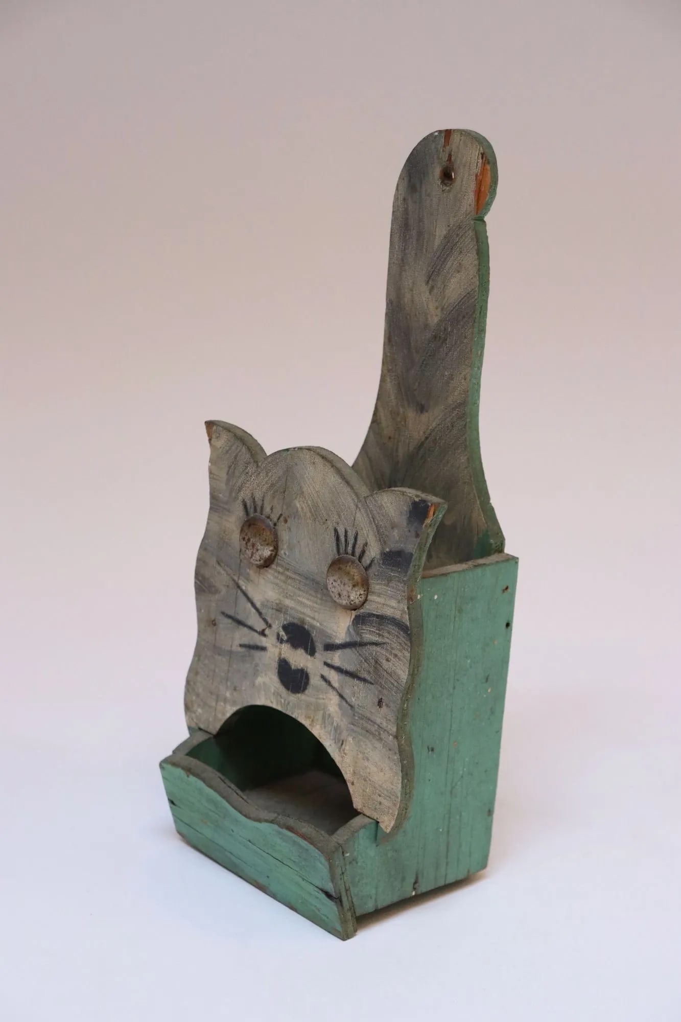 Vintage Folk Art Carved "Cat" Mint Green Matchbook Holder - 5