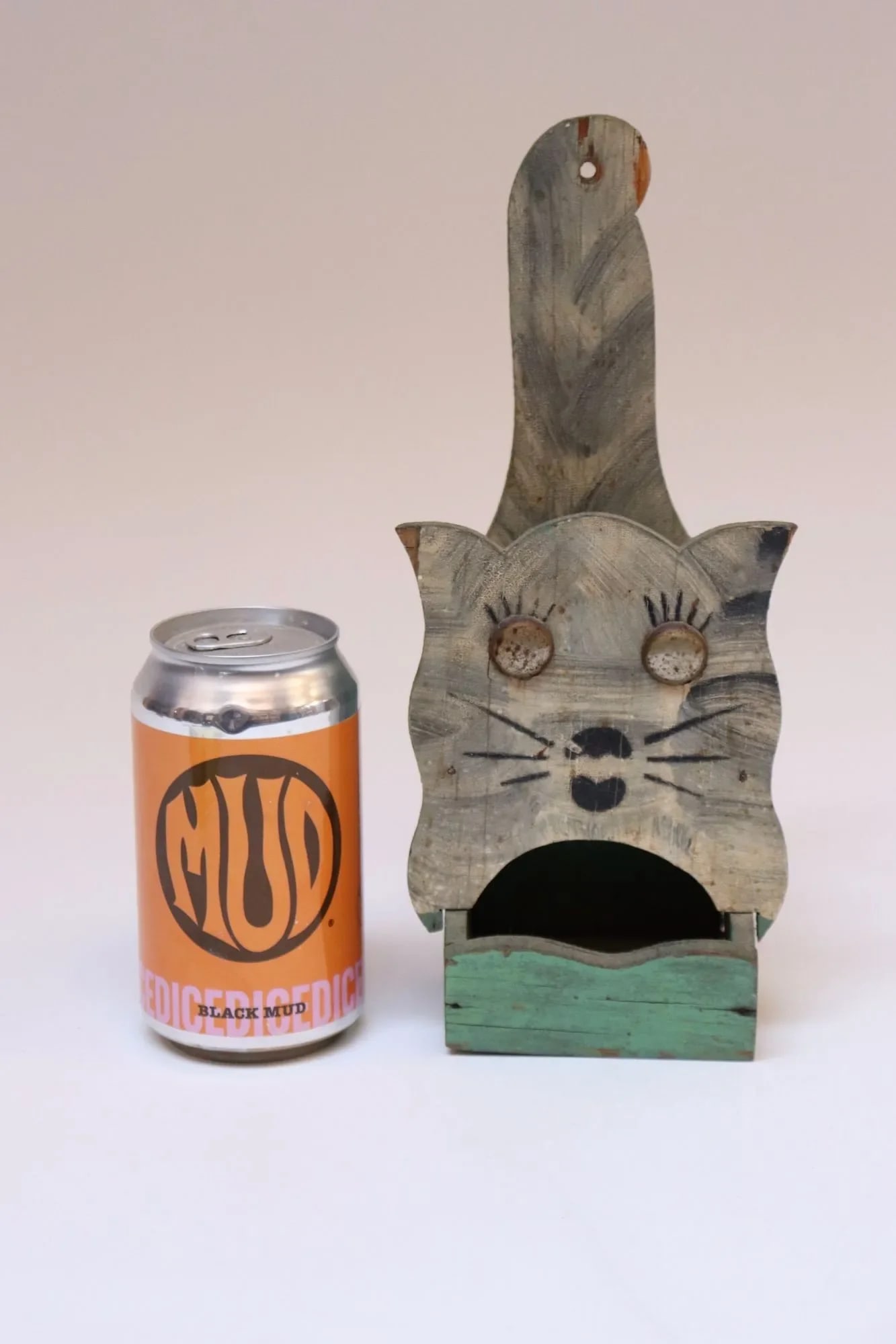 Vintage Folk Art Carved "Cat" Mint Green Matchbook Holder - 7