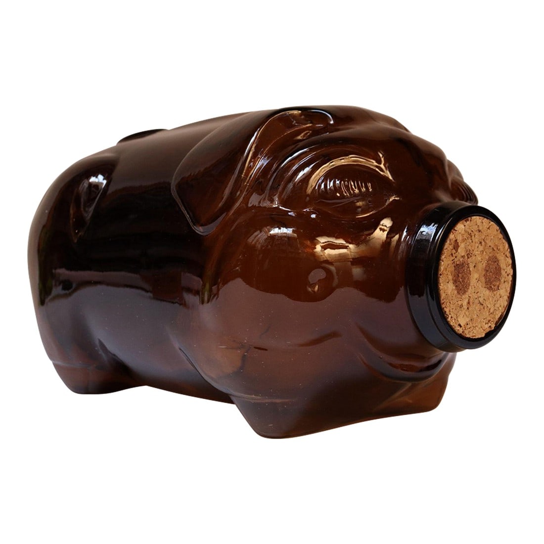 Large Vintage Amber Glass Five-Gallon Piggy Bank by Libbey: All original five-gallon amber glass piggy bank by Libbey (ca. 1970, USA). Incised inscription on the back reading, "This little pig went to market." Excellent, vintage condition retaining the