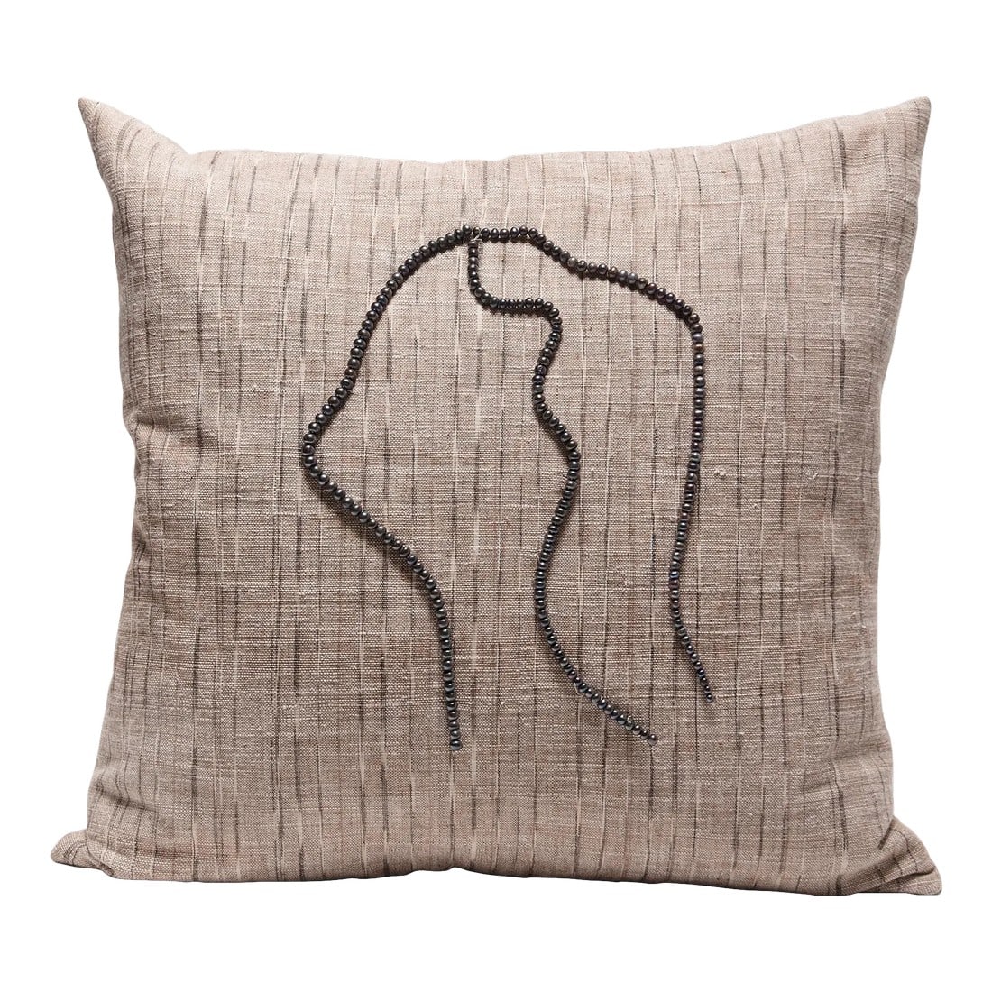 Thai Woven Linen Pillow With Chinese Pearls: This artisan-made pillow is sewn by hand of hand-loomed linen from Thailand. It is finished with black Chinese pearls and filled with feather inserts. Condition: Alterations: Original Condition