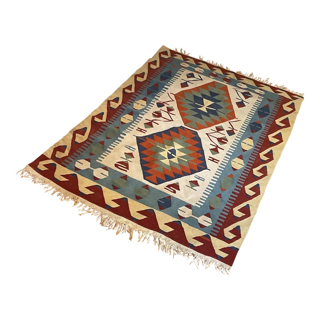 1960s Vintage Colorful Handmade Turkish Kilim Tribal Rug 64" X 43": Vintage hand-woven Kilim wool rug in a dynamic pattern in a colorful, multicolored bold scheme. Pin it up on a wall in your living room or anywhere, if you're not into rugs. Fringes shows signs of age