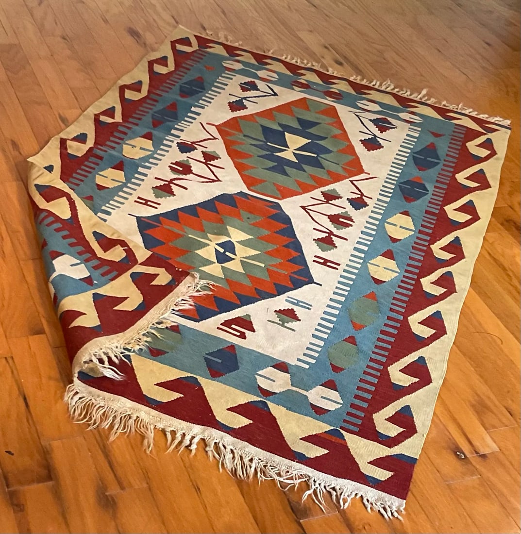 1960s Vintage Colorful Handmade Turkish Kilim Tribal Rug 64" X 43" - 2