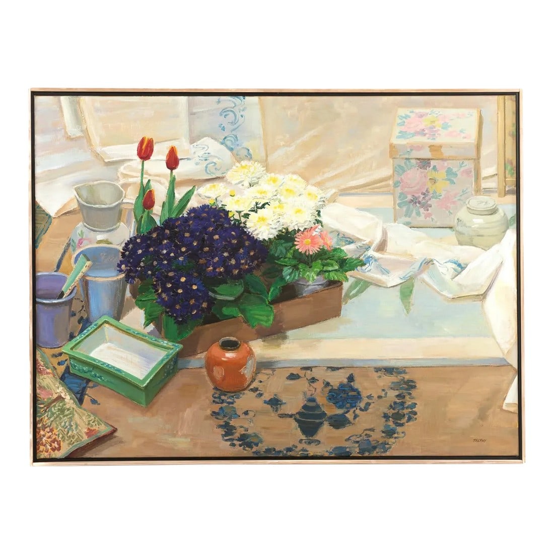 Large 41" Signed Frank Trefny "Easter Flowers" Still Life Oil Painting: Vintage Original Signed "Easter Flowers" Still Life Oil Painting by Frank Trefny. (American, b. 1948) Oil on canvas, signed "Trefny" lr. Dimensions Artwork - 30 1/2 x 40 1/2 in. Framed - 31 1/2 x 41 1