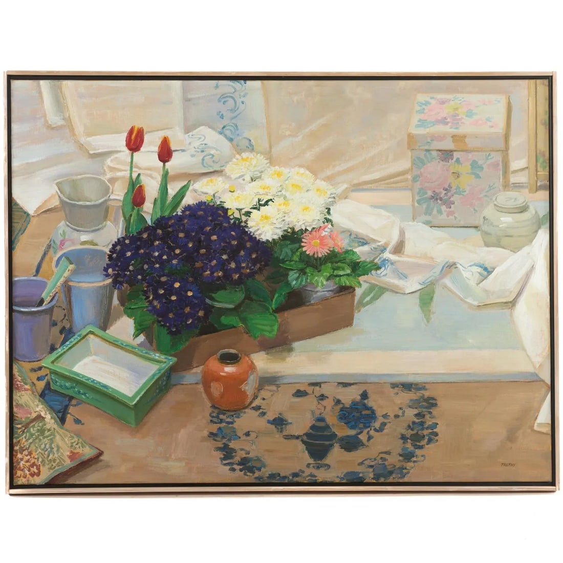 Large 41" Signed Frank Trefny "Easter Flowers" Still Life Oil Painting - 4