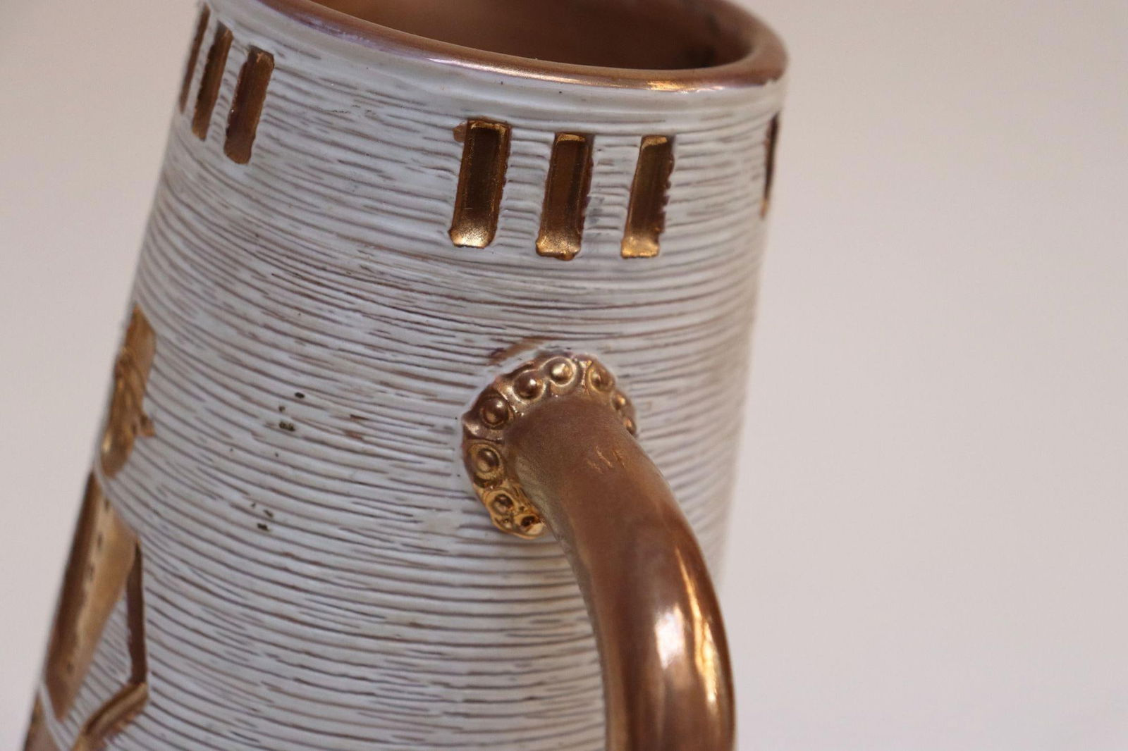 Italian Terracotta Gold Glazed Incised Figural Pitcher by Fratelli Fanciullacci - 12