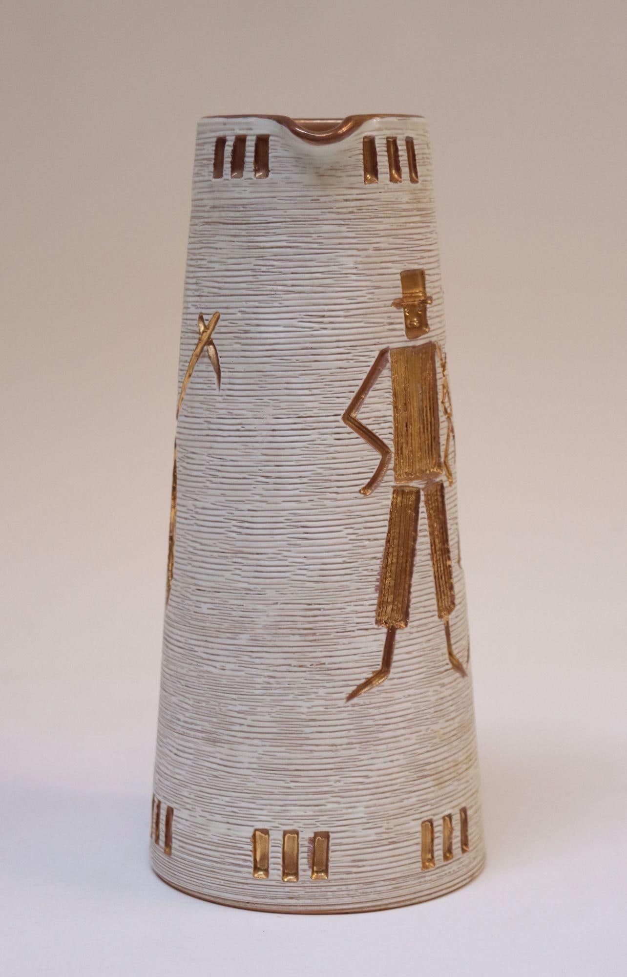 Italian Terracotta Gold Glazed Incised Figural Pitcher by Fratelli Fanciullacci - 2