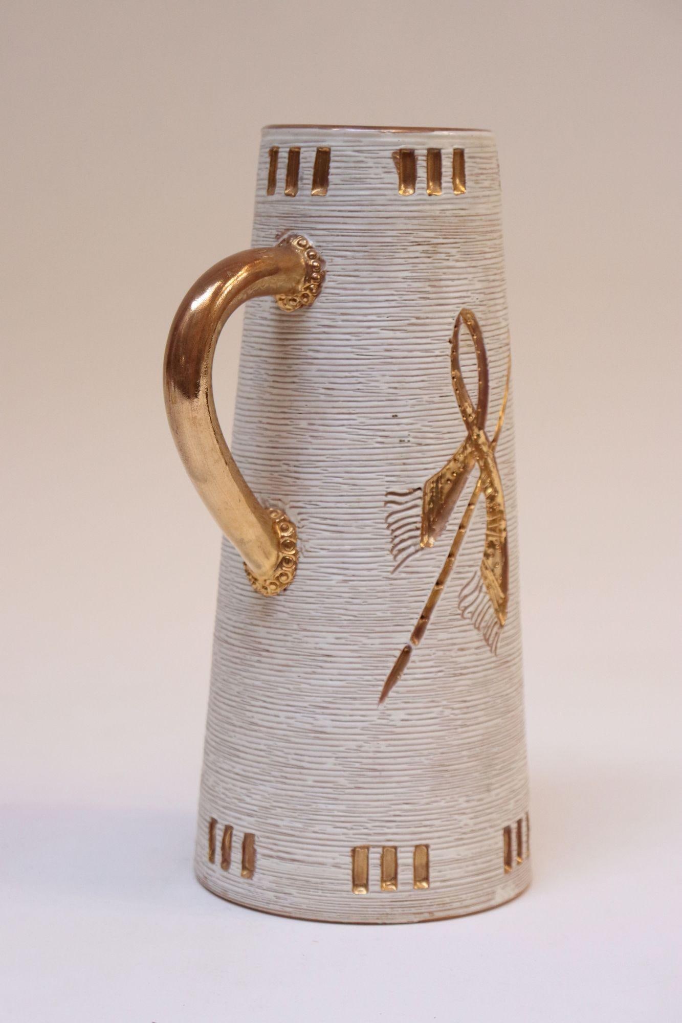 Italian Terracotta Gold Glazed Incised Figural Pitcher by Fratelli Fanciullacci - 4